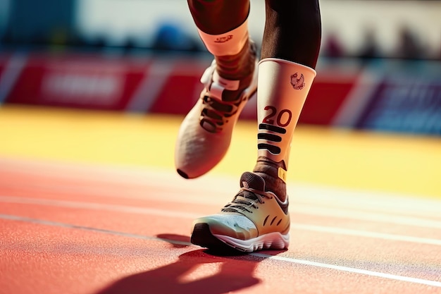 Foto redefiniendo las posibilidades un atleta con piernas ortopédicas se enfrenta a la ia generativa en cinta rodante