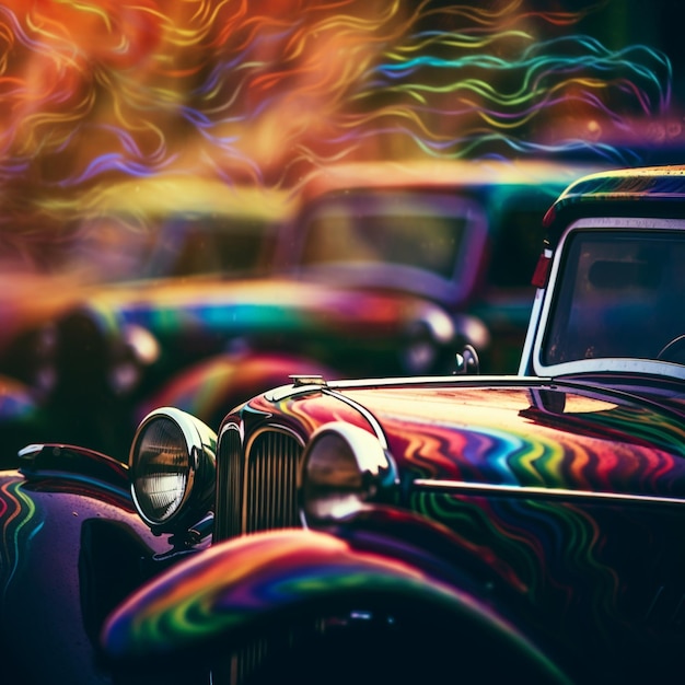 Foto redemoinhos de arco-íris psicodélicos com hot rods antigos