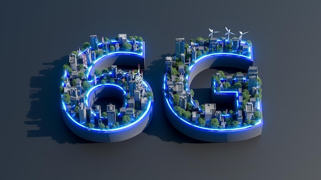 Redes de nueva generación 6G Internet móvil de alta velocidad Representación 3D de 6G con edificio comercial en luz azul