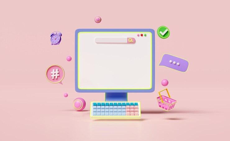 Foto redes sociales con iconos de monitor de computadora burbujas de chat 3d marcas de verificación aisladas en fondo rosa aplicaciones de comunicación seo en línea plantilla social concepto ilustración de renderizado 3d