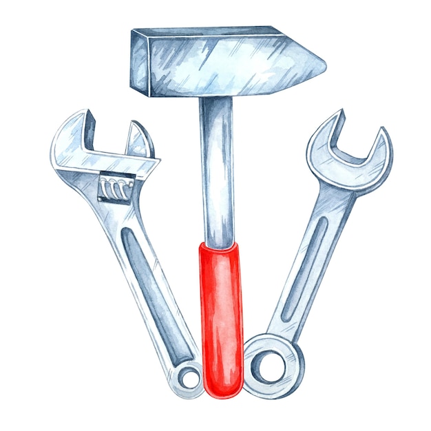 Redhandled Hammer gepaart mit zwei silbernen Schraubenschlüsseln Handgemalte Aquarell Illustration Clipart perfekt für mechanische Merchandise