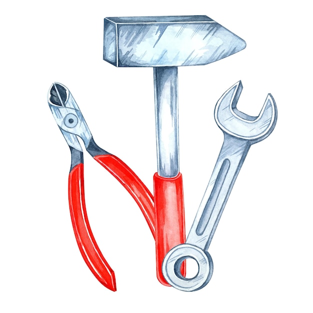 Redhandled Zangen ein Schraubenschlüssel und ein Hammer Hardware Set Handgemalte Aquarell Clipart
