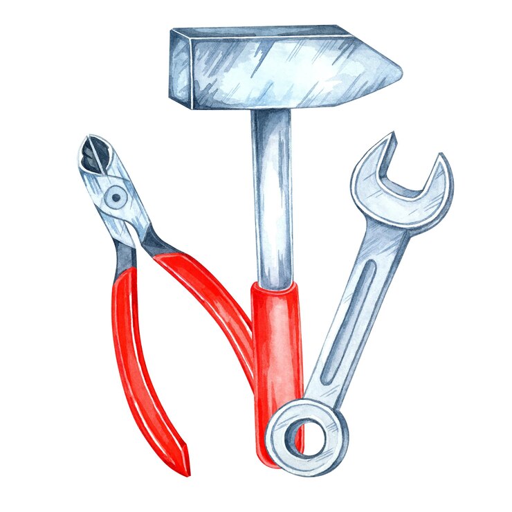 Foto redhandled zangen ein schraubenschlüssel und ein hammer hardware set handgemalte aquarell clipart