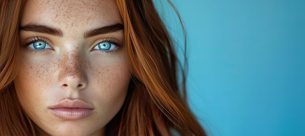 Foto redhead cativante com olhos azuis e sardas em fundo de cor pastel