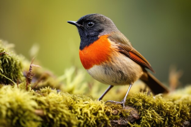 Foto redstart-vogel im profil steht auf einem fleck grünen moos