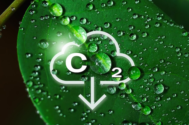 Foto reducir la emisión de co2 deja con gotas de agua un entorno natural que utiliza energías renovables