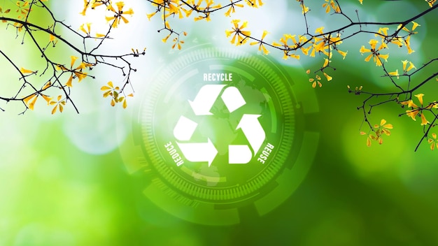 Reduzir a reutilização e reciclar símbolo em fundo verde bokeh conceito ecológico e salvar a terra Uma metáfora ecológica para o gerenciamento ecológico de resíduos e sustentável