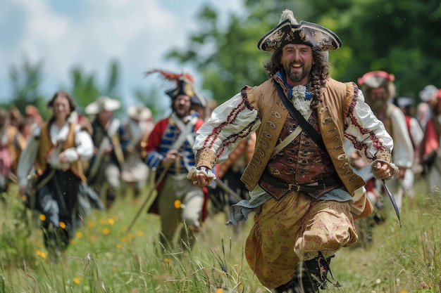 Foto reenactores de piratas avançando em um campo gramado