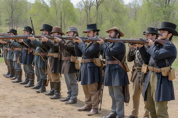 Reenactors des Bürgerkriegs mit Zeitschriftenpistolen stehen in einer Reihe