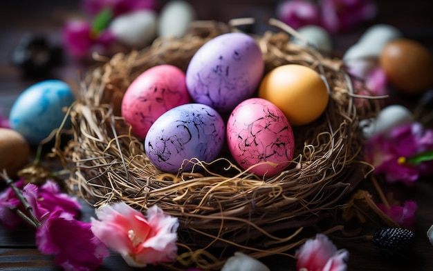 Reescribe esta foto del título huevos de Pascua en un nido sobre un fondo IA generativa