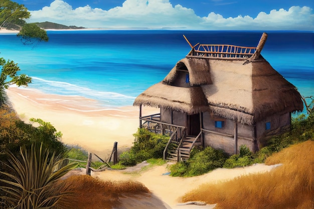 Reetgedecktes Haus mit Blick auf das Meer, umgeben von Sandstrand und klarem, blauen Wasser