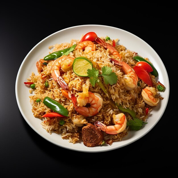 Refeição asiática rápida e saudável feita de arroz frito, camarão fresco, limão e legumes em uma tigela preta