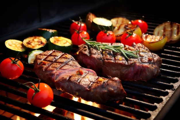 Refeição carne BBQ fogo carne bovina vegetais churrasco comida grelha quente piquenique de verão cozinheiro