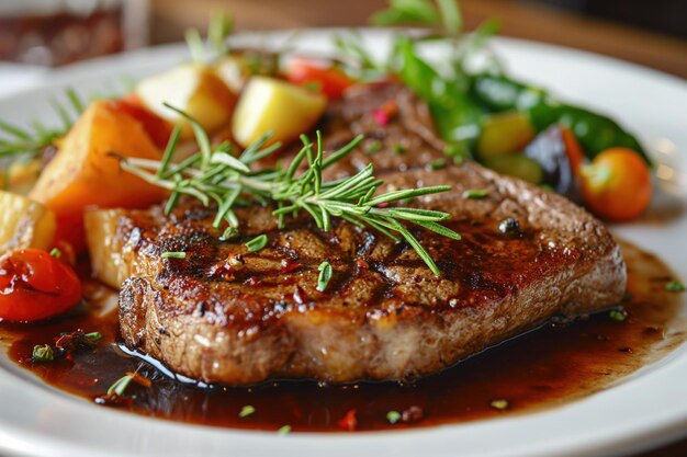 Refeição de bife grelhado com batatas e salada em um prato