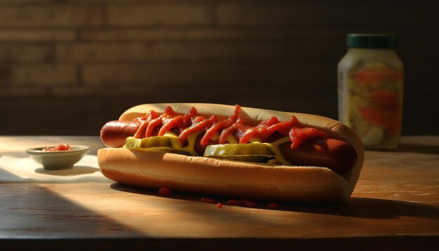Foto refeição de cachorro-quente grelhada com ketchup de carne de porco e carne no pão gerada por inteligência artificial