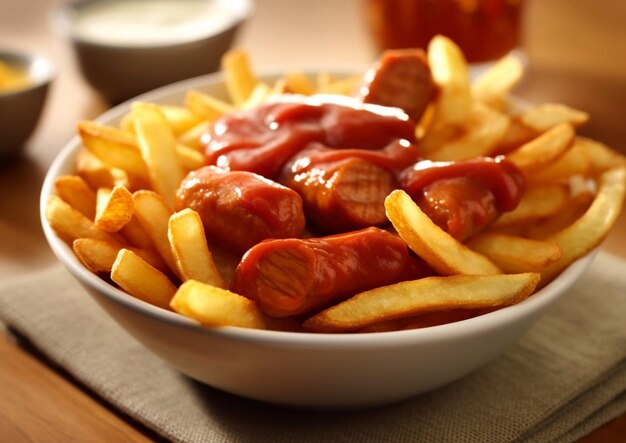 Refeição de currywurst com salsichas e batatas fritas e ketchup na mesaAI Generative