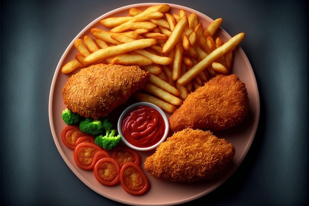 Refeição de frango frito com batatas fritas e nuggets, vista superior