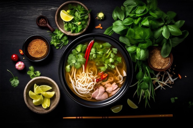 Refeição de macarrão vegetal comida japonesa prato tigela de sopa quente fundo asiático Generative AI