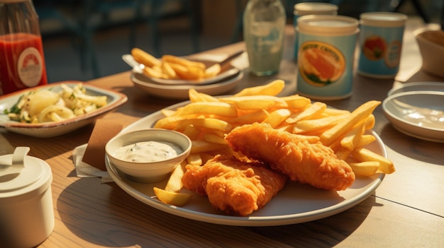 Refeição de peixe e batatas fritas na mesa com molho tártaro