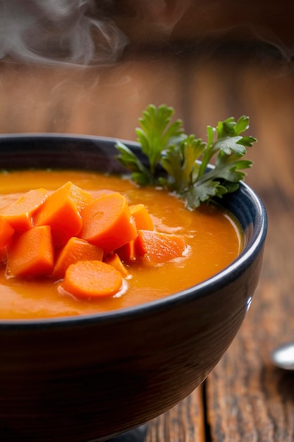 Refeição de sopa de cenoura com cenouras frescas em uma tigela de close-up