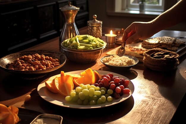 Foto refeição de suhoor antes do amanhecer refletindo a disciplina do ramadã