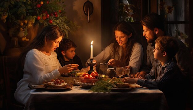 Foto refeição em família no dia das velas, com foco na mesa adornada com velas e alimentos tradicionais