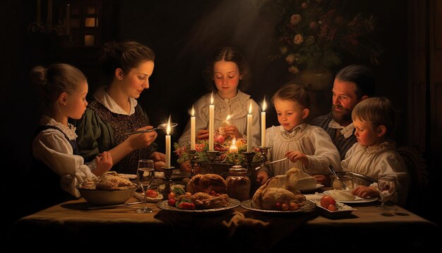 Foto refeição em família no dia das velas, com foco na mesa adornada com velas e alimentos tradicionais