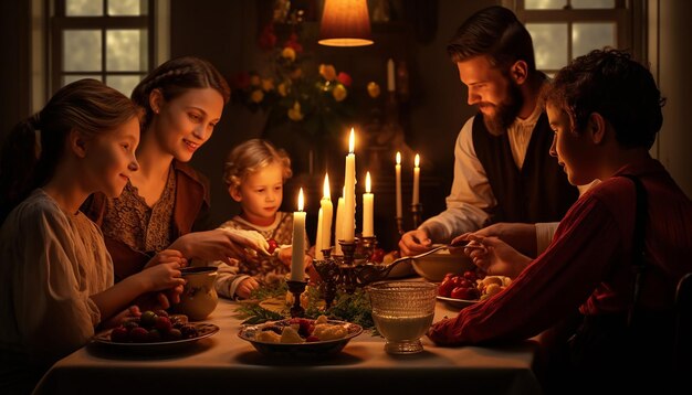 Foto refeição em família no dia das velas, com foco na mesa adornada com velas e alimentos tradicionais