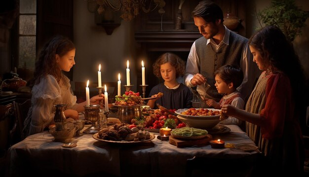 Foto refeição em família no dia das velas, com foco na mesa adornada com velas e alimentos tradicionais