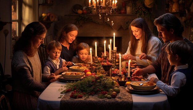 Refeição em família no Dia das Velas, com foco na mesa adornada com velas e alimentos tradicionais