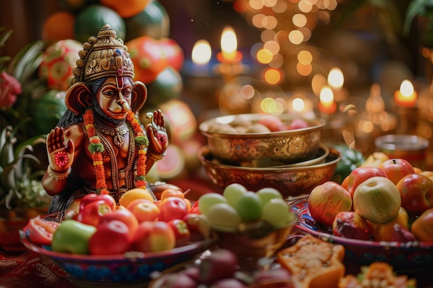 Refeição festiva com uma imagem da divindade Hanuman na mesa junto com frutas