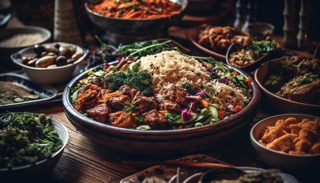 Refeição gourmet com vegetais de carne fresca e temperos gerados por IA