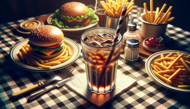 Refeição gourmet de fast food com refrigerante sujo em toalha de mesa a quadros