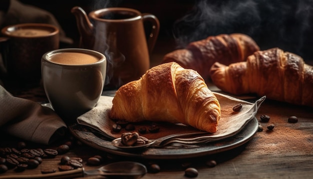 Refeição gourmet francesa em mesa de madeira rústica gerada por IA