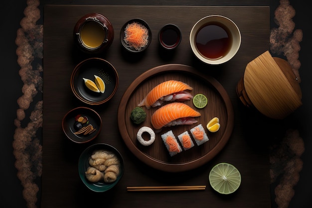 Refeição japonesa, vista superior, rolos de sushi, conjunto de sashimi, sopa de missô e bule na mesa de madeira escura