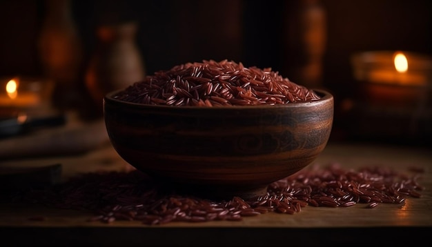 Refeição saudável de arroz basmati orgânico e pilha de frutas frescas gerada por IA