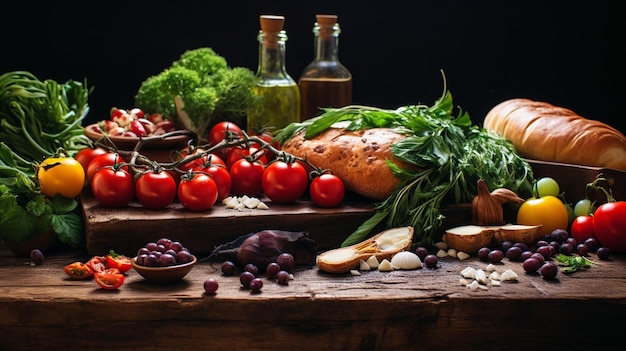 refeição saudável na mesa de madeira rústica com produtos orgânicos frescos