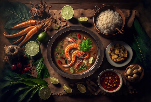 Refeição tailandesa com ervas e sopa de camarão tom yum kung e decorações ao redor dos componentes