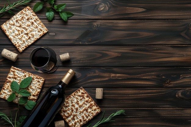 Refeição tradicional do Seder judaico de Páscoa com vinho matzo e ervas sobre um fundo de madeira