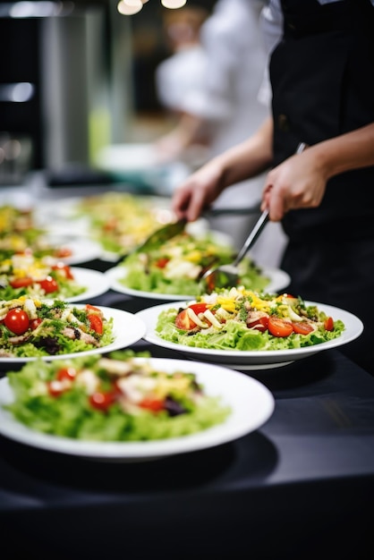 Refeições buffet no interior do restaurante com saladas de legumes