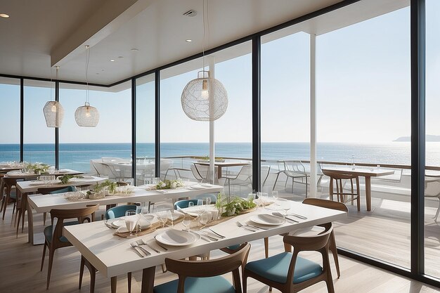 Refeições costeiras contemporâneas à beira-mar Vistas minimalistas de luxo Gastronomia à beiras-do-mar