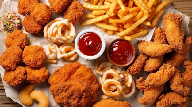 refeições de fast food anéis de cebola batatas fritas nugget de frango