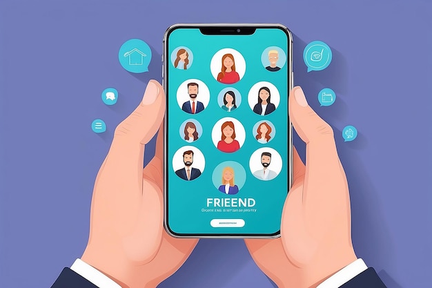 Referir a un amigo concepto manos sostener el teléfono con los contactos de los amigos estrategia de asociación de negocios