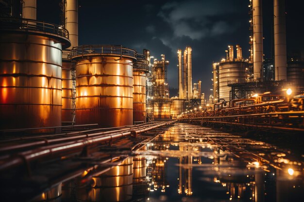 Refinaria de usina de petróleo e gás com tanques de armazenamento para produção de petróleo infraestrutura industrial petroquímica e gráfico de preços de demanda de petróleo conceitos como uma grande bandeira com espaço de cópia