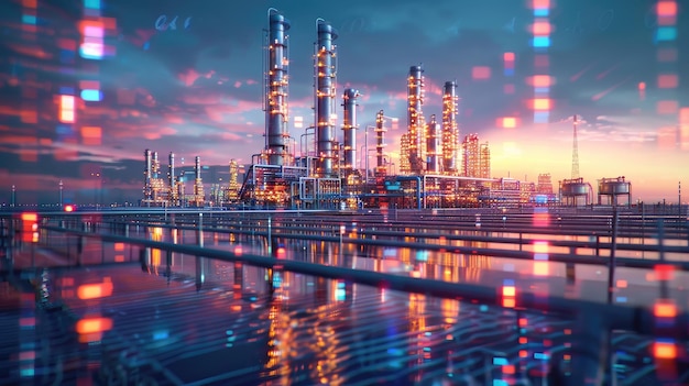 Foto refinería industrial de petróleo iluminada con luces vibrantes en el crepúsculo