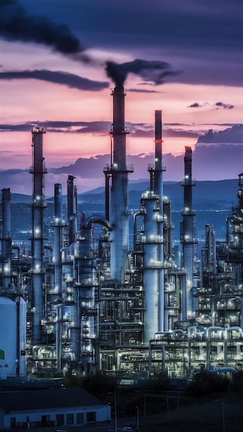 Foto refinería de petróleo al crepúsculo vista aérea planta petroquímica y planta de refinería de petróleo fondo de cerca