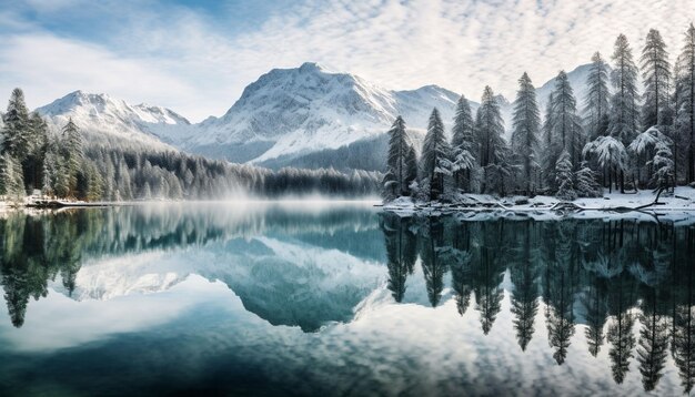 reflação de pinheiros no lago Eibsee no inverno