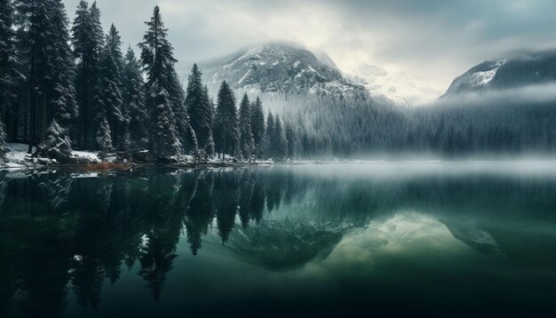 reflación de los pinos en el lago Eibsee en invierno