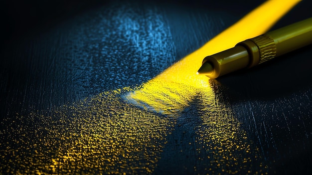 Un reflector ilumina un lápiz amarillo en una superficie azul El lápiz está inclinado y la luz se refleja en su superficie brillante