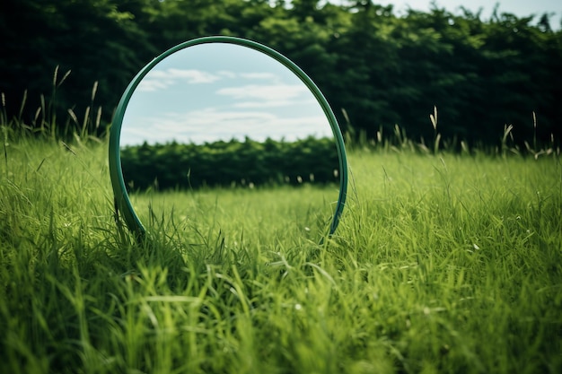 Reflejando la belleza de la naturaleza Espejo redondo en medio de un campo de hierba verde exuberante